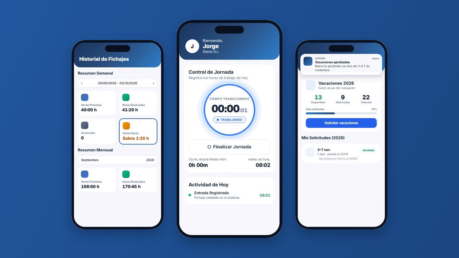 Aydara Control de Presencia: fichaje desde el móvil, historial de fichajes y solicitud de vacaciones